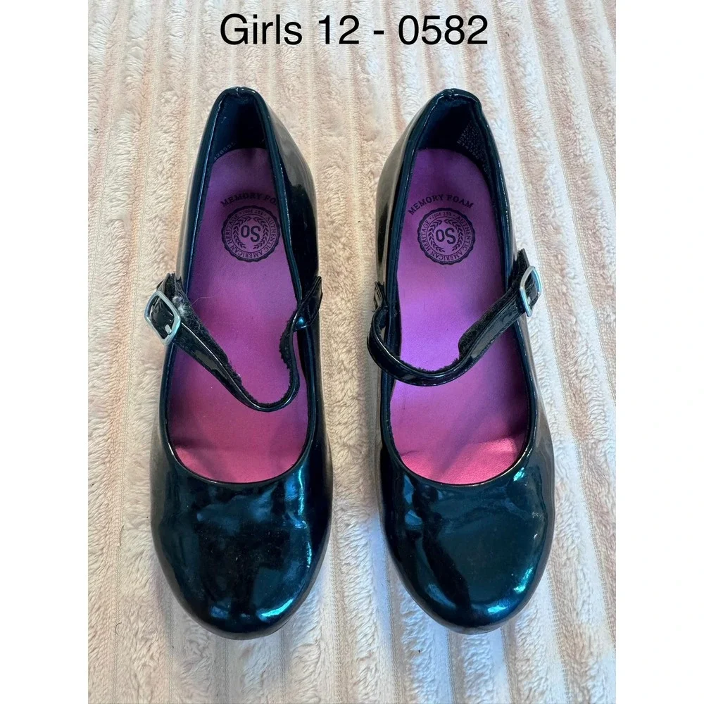 SO Girls Black Patent Mary Jane Dress Shoes Memory Foam Block Heel Size 12